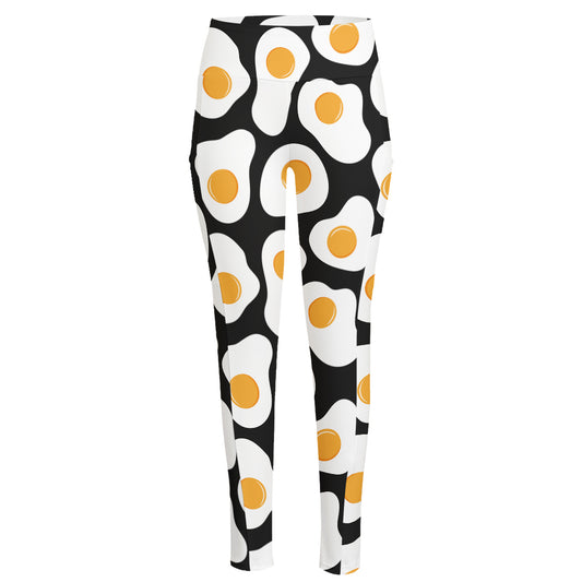 Black Fried Eggs Pattern Print High-Waisted Pocket Leggings