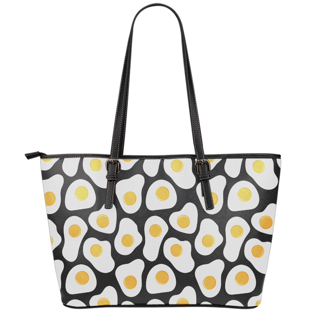 Black Fried Eggs Pattern Print Leather Tote Bag