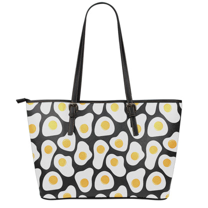 Black Fried Eggs Pattern Print Leather Tote Bag