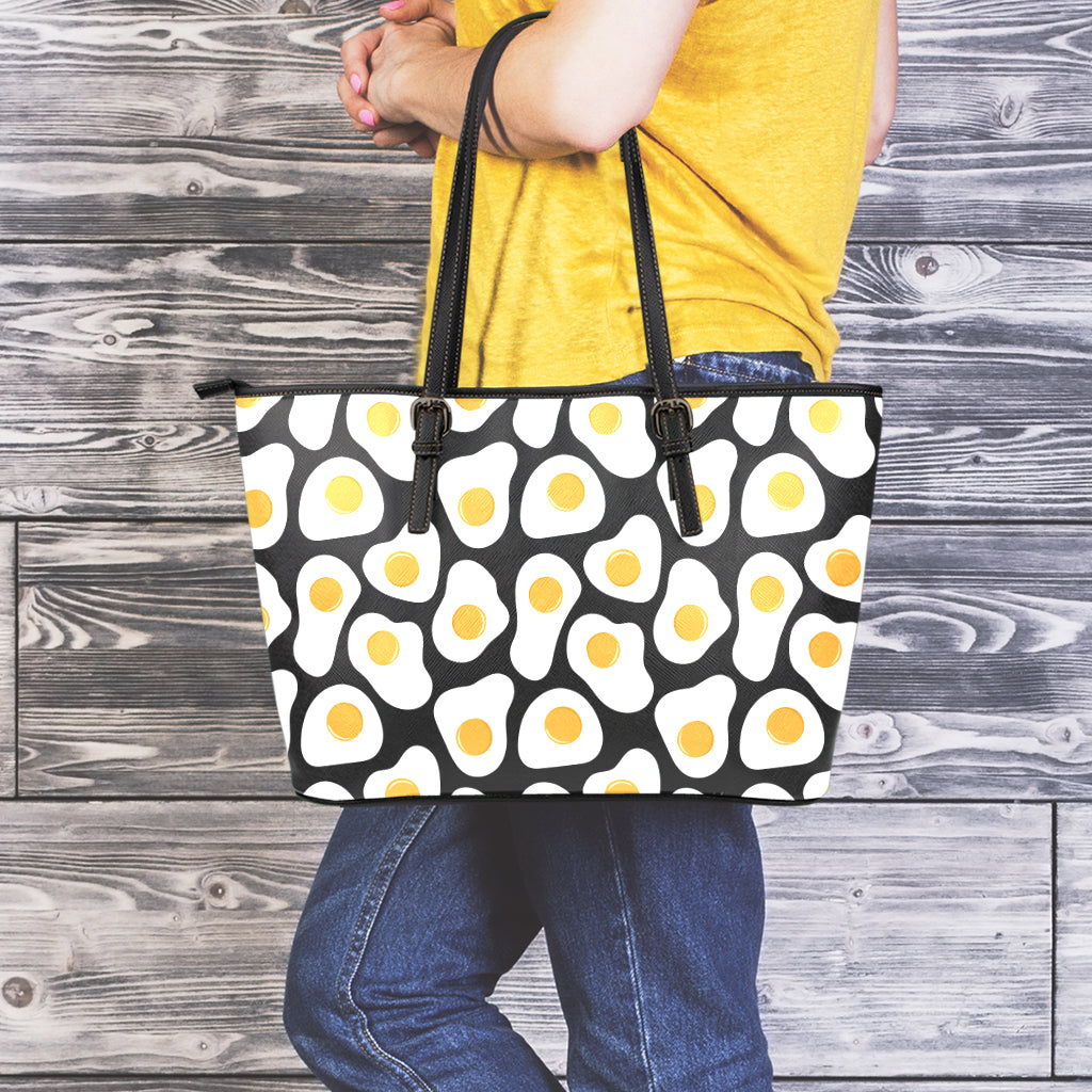 Black Fried Eggs Pattern Print Leather Tote Bag