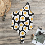 Black Fried Eggs Pattern Print One Shoulder Bodysuit