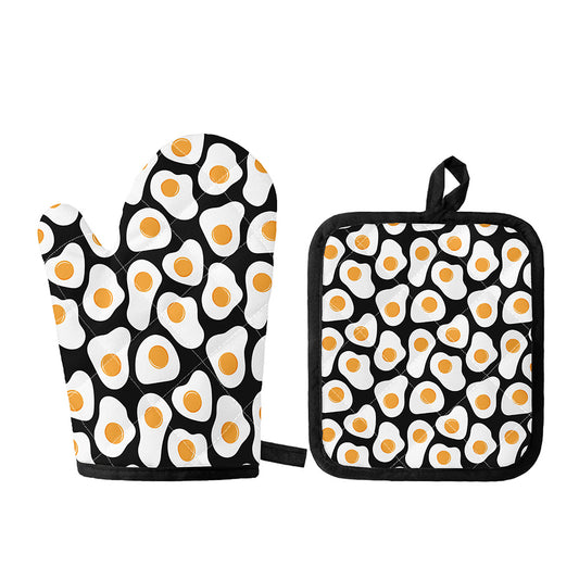 Black Fried Eggs Pattern Print Oven Mitt And Pot Holder Set