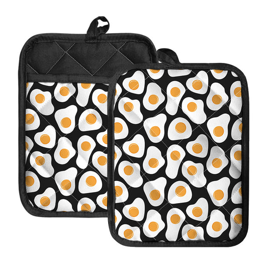 Black Fried Eggs Pattern Print Pot Holders With Pocket