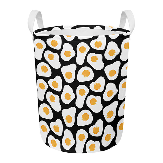 Black Fried Eggs Pattern Print Round Laundry Basket