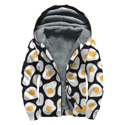 Black Fried Eggs Pattern Print Sherpa Lined Zip Up Hoodie