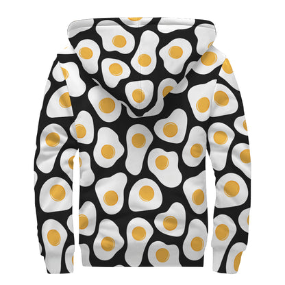Black Fried Eggs Pattern Print Sherpa Lined Zip Up Hoodie