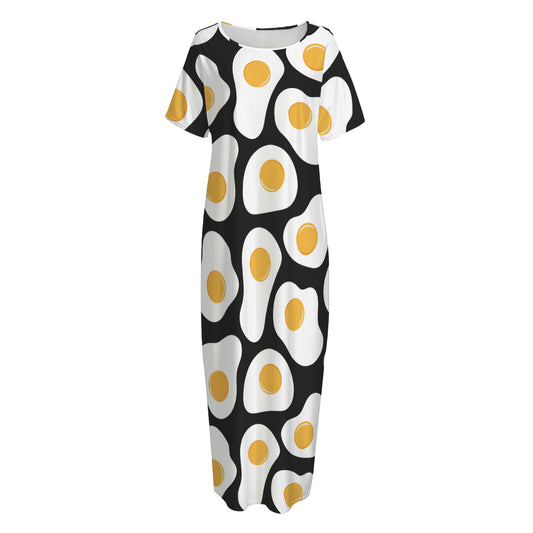 Black Fried Eggs Pattern Print Short Sleeve Long Nightdress