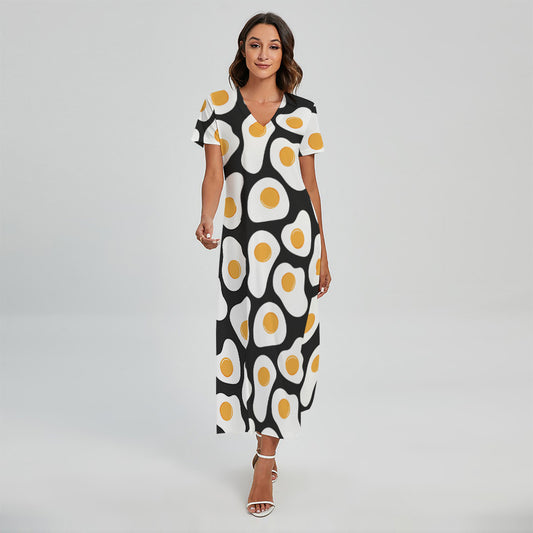 Black Fried Eggs Pattern Print Short Sleeve Maxi Dress
