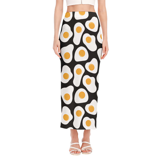 Black Fried Eggs Pattern Print Side Slit Maxi Skirt