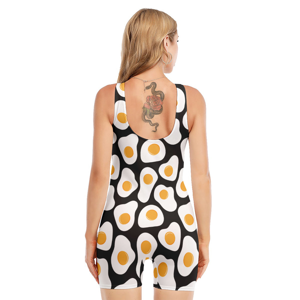 Black Fried Eggs Pattern Print Sleeveless One Piece Swimsuit