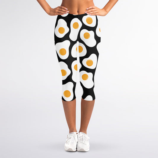 Black Fried Eggs Pattern Print Women's Capri Leggings