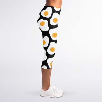 Black Fried Eggs Pattern Print Women's Capri Leggings