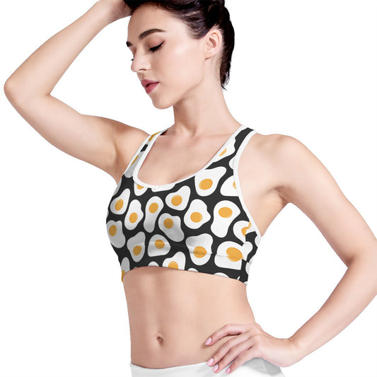 Black Fried Eggs Pattern Print Women's Sports Bra