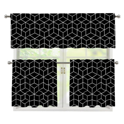 Black Geometric Cube Shape Pattern Print 3 Piece Kitchen Curtains