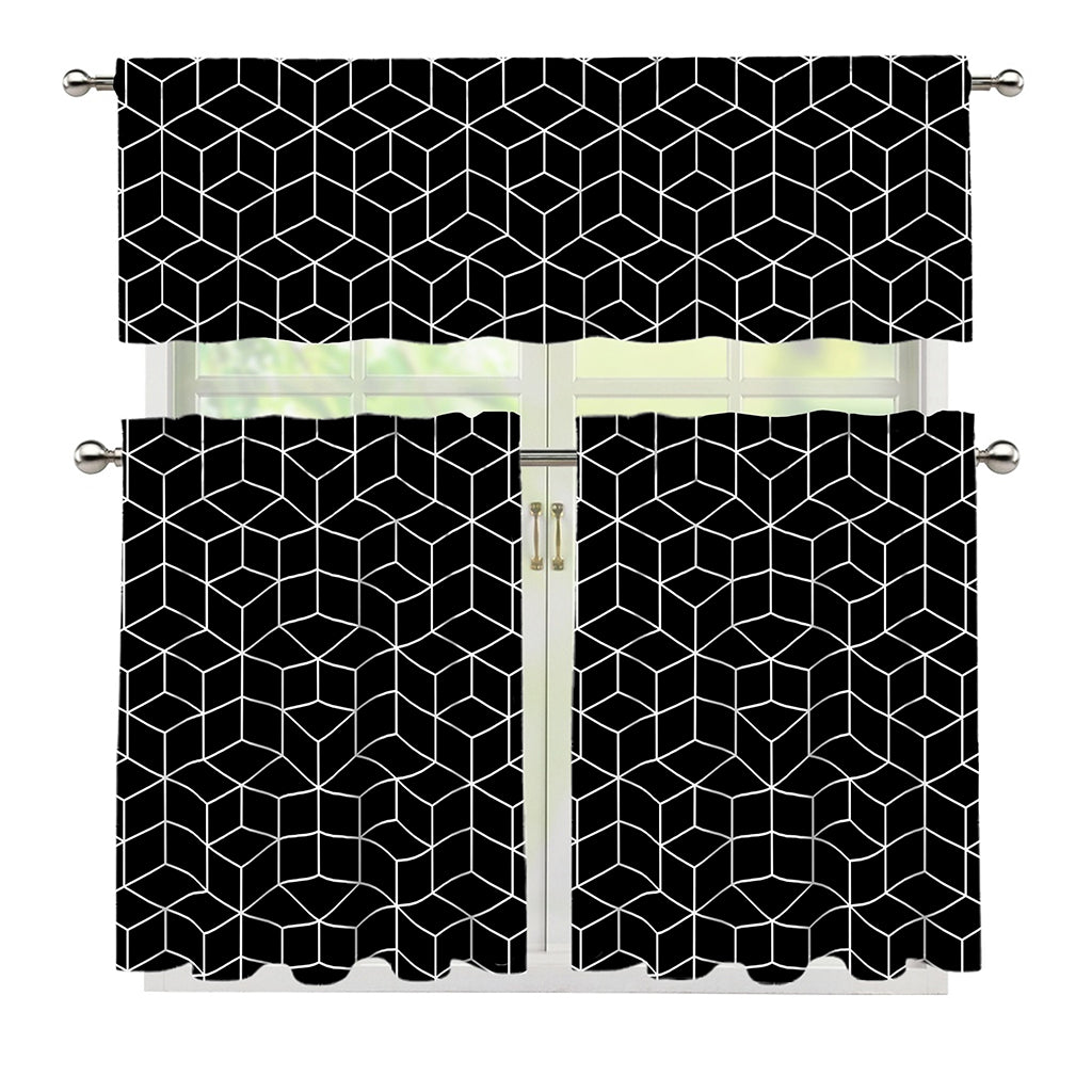 Black Geometric Cube Shape Pattern Print 3 Piece Kitchen Curtains