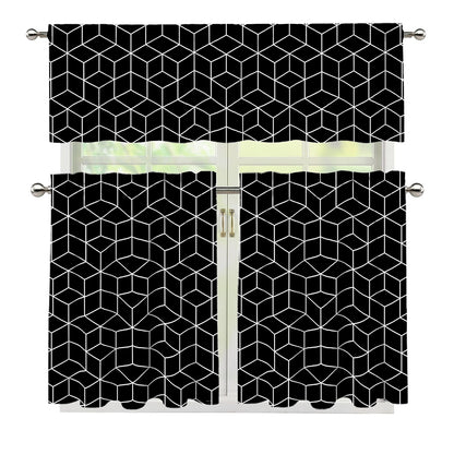 Black Geometric Cube Shape Pattern Print 3 Piece Kitchen Curtains