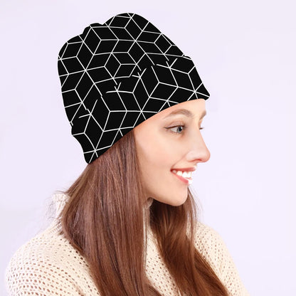 Black Geometric Cube Shape Pattern Print Beanie