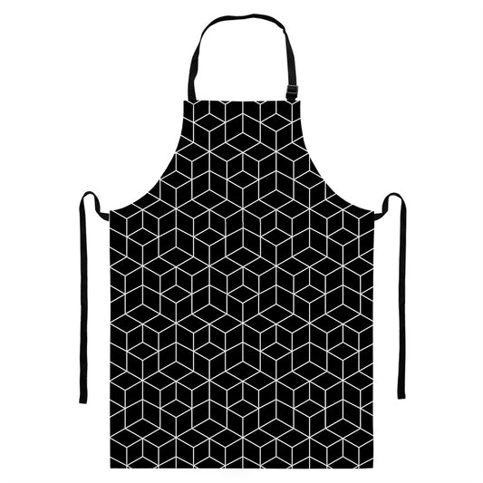 Black Geometric Cube Shape Pattern Print Bib Apron With Pocket