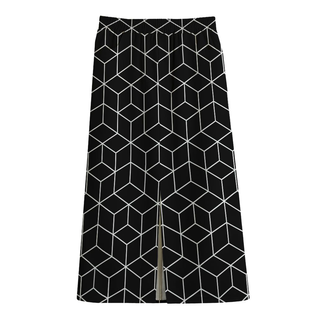 Black Geometric Cube Shape Pattern Print Cotton Front Slit Maxi Skirt
