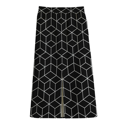 Black Geometric Cube Shape Pattern Print Cotton Front Slit Maxi Skirt