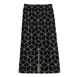 Black Geometric Cube Shape Pattern Print Cotton Front Slit Maxi Skirt