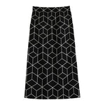 Black Geometric Cube Shape Pattern Print Cotton Front Slit Maxi Skirt