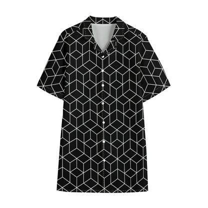 Black Geometric Cube Shape Pattern Print Cotton Hawaiian Shirt