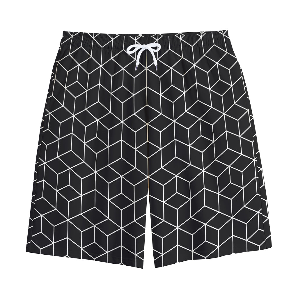 Black Geometric Cube Shape Pattern Print Cotton Shorts