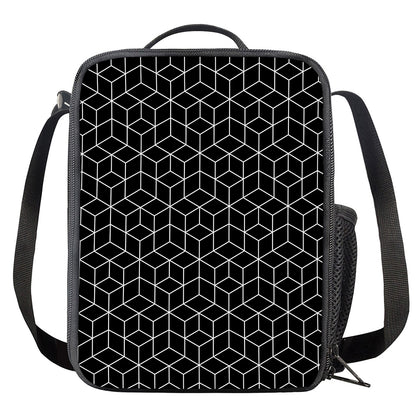 Black Geometric Cube Shape Pattern Print Crossbody Lunch Bag