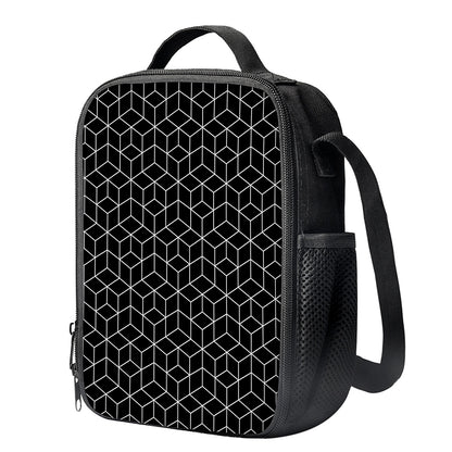 Black Geometric Cube Shape Pattern Print Crossbody Lunch Bag