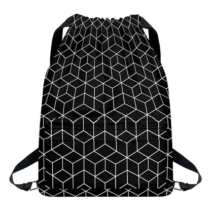 Black Geometric Cube Shape Pattern Print Drawstring Backpack