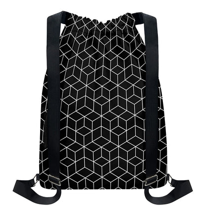 Black Geometric Cube Shape Pattern Print Drawstring Backpack