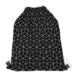 Black Geometric Cube Shape Pattern Print Drawstring Bag