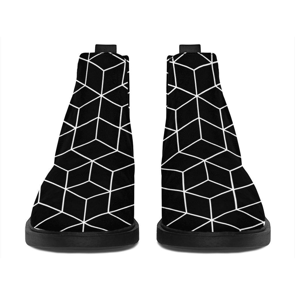 Black Geometric Cube Shape Pattern Print Flat Ankle Boots