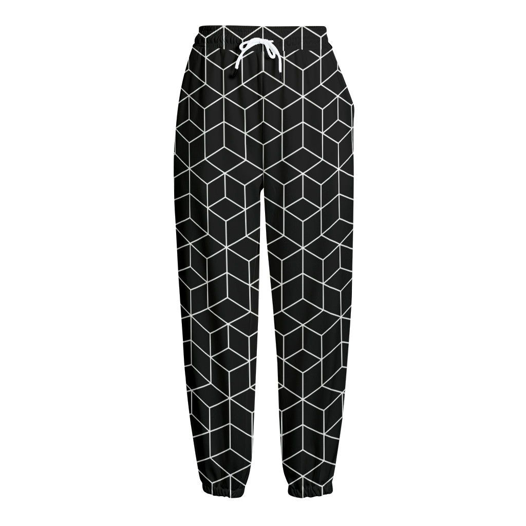 Black Geometric Cube Shape Pattern Print Fleece Lined Knit Pants