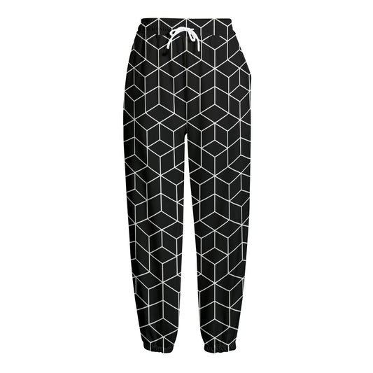 Black Geometric Cube Shape Pattern Print Fleece Lined Knit Pants