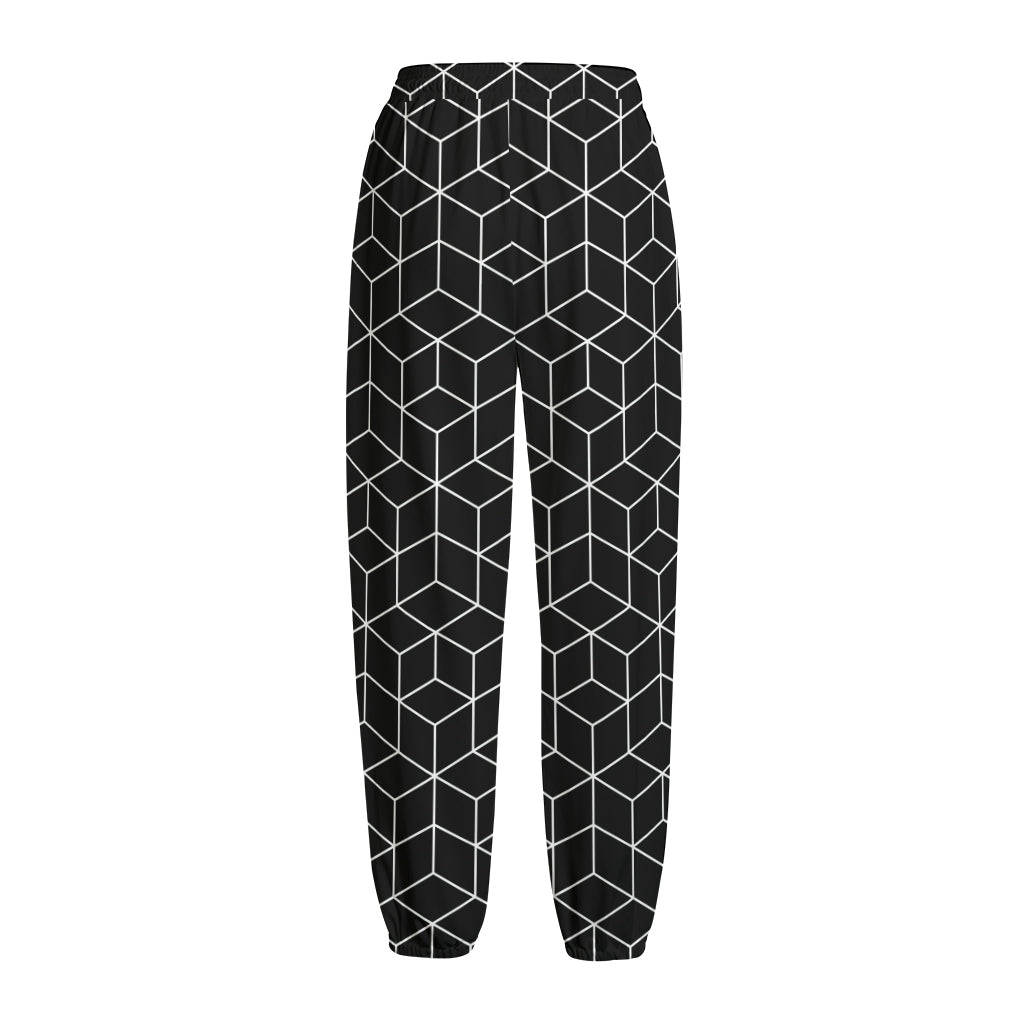 Black Geometric Cube Shape Pattern Print Fleece Lined Knit Pants