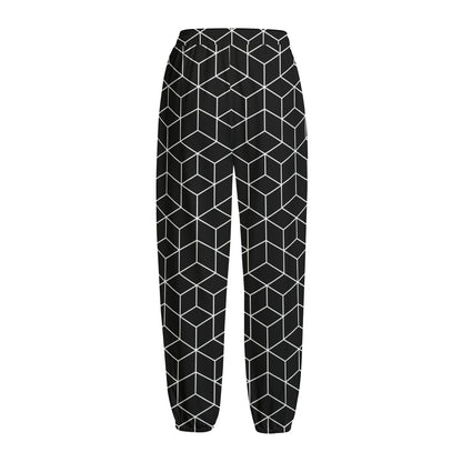 Black Geometric Cube Shape Pattern Print Fleece Lined Knit Pants