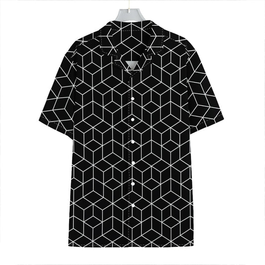 Black Geometric Cube Shape Pattern Print Hawaiian Shirt