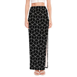 Black Geometric Cube Shape Pattern Print High Slit Maxi Skirt