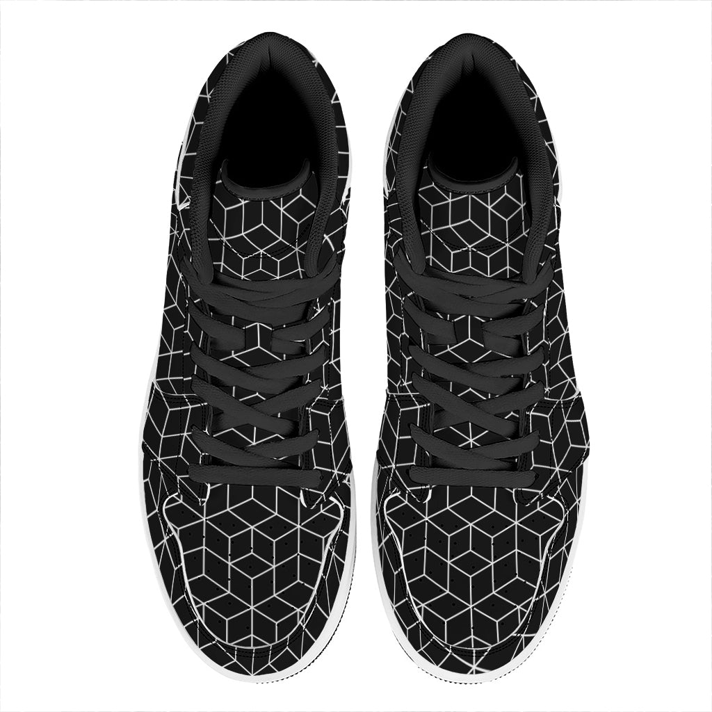 Black Geometric Cube Shape Pattern Print High Top Leather Sneakers