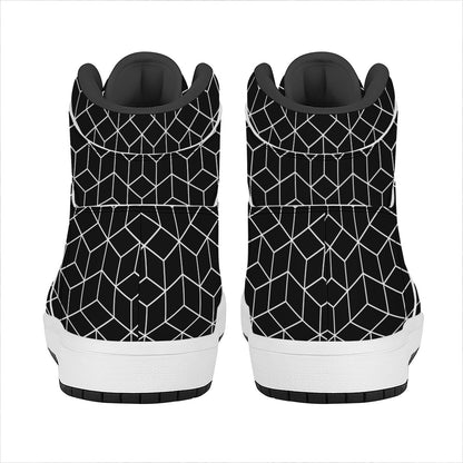 Black Geometric Cube Shape Pattern Print High Top Leather Sneakers