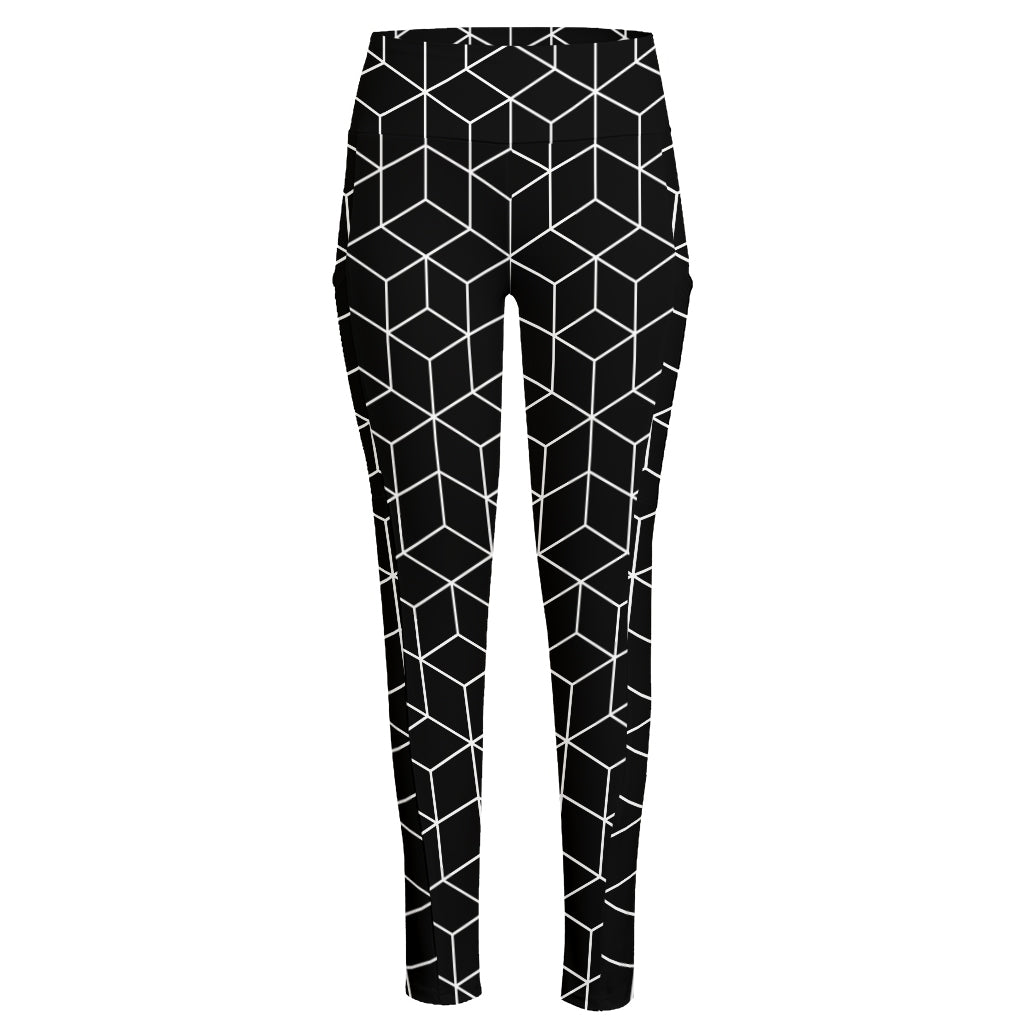Black Geometric Cube Shape Pattern Print High-Waisted Pocket Leggings