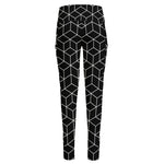 Black Geometric Cube Shape Pattern Print High-Waisted Pocket Leggings