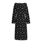 Black Geometric Cube Shape Pattern Print Hooded Bathrobe
