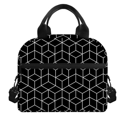 Black Geometric Cube Shape Pattern Print Insulated Lunch Bag