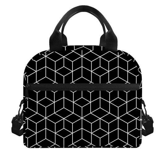 Black Geometric Cube Shape Pattern Print Insulated Lunch Bag