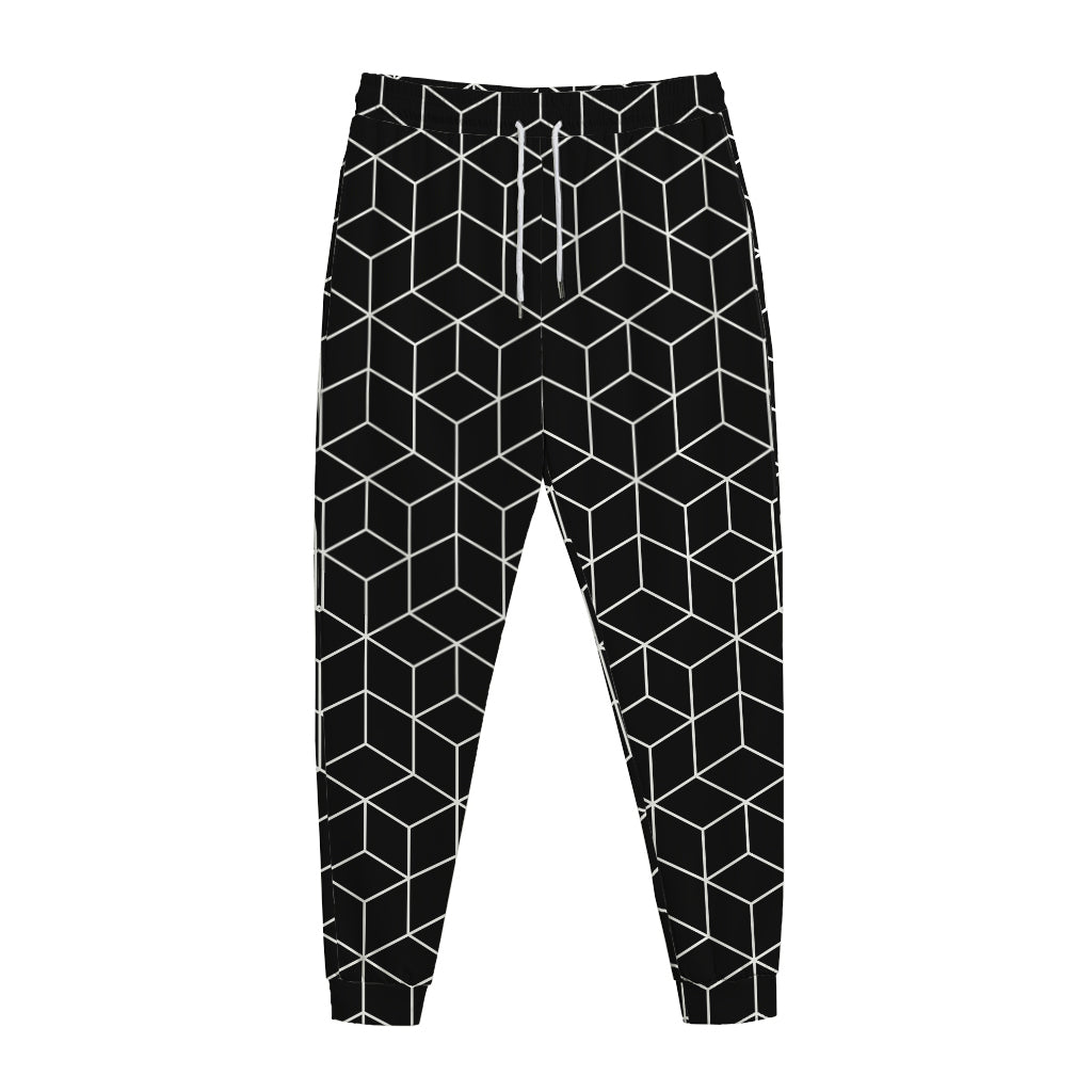 Black Geometric Cube Shape Pattern Print Jogger Pants