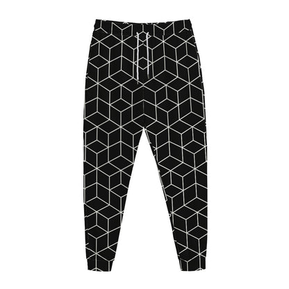 Black Geometric Cube Shape Pattern Print Jogger Pants