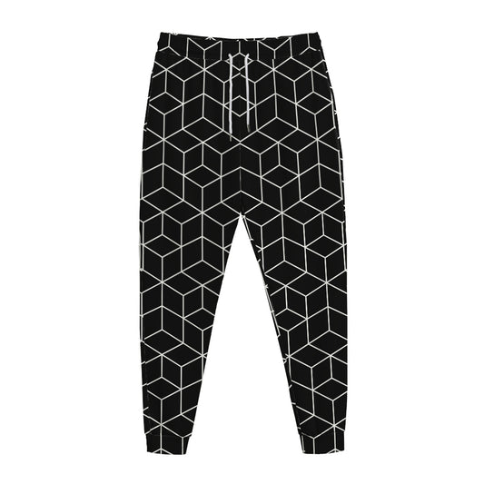 Black Geometric Cube Shape Pattern Print Jogger Pants